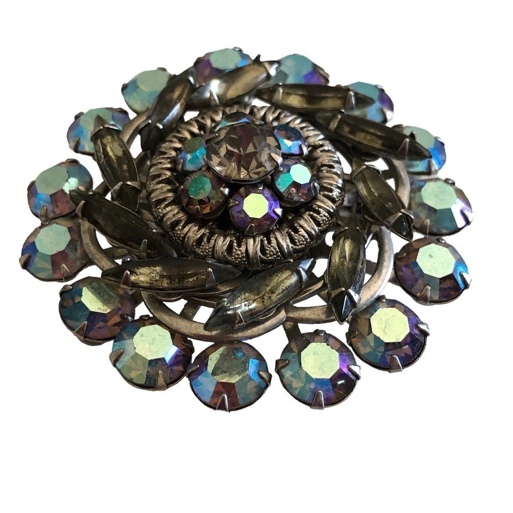 Beautiful Smoky Topaz & Blue AB Rhinestone Brooch Filigree Vintage Jewelry - Picture 7 of 9